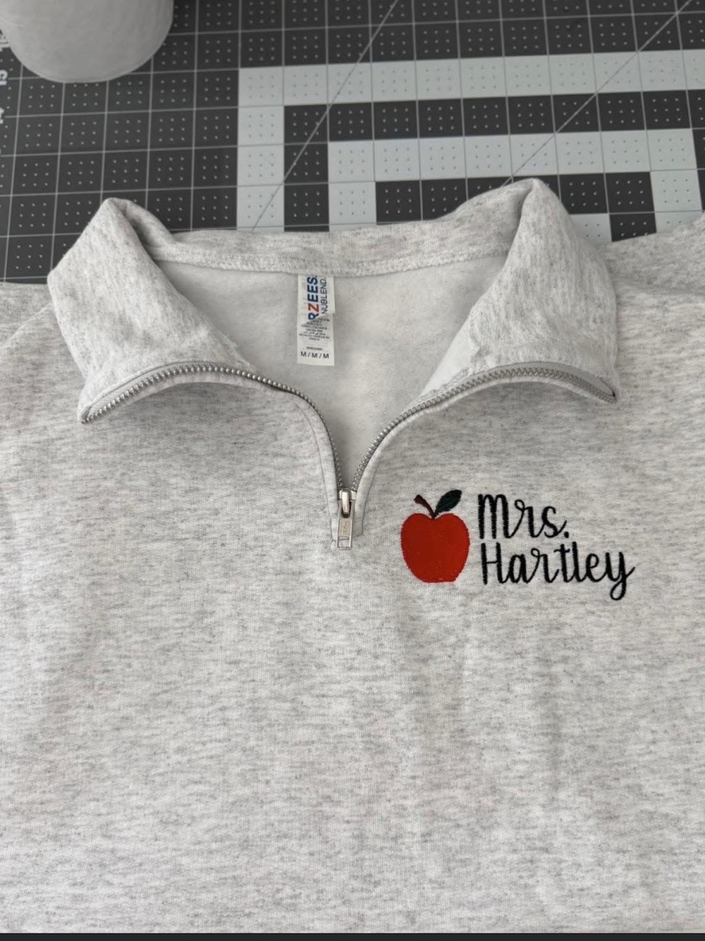 Gray Quarter-Zip Pullover with Red Apple Embroidery - Mrs. Hartley